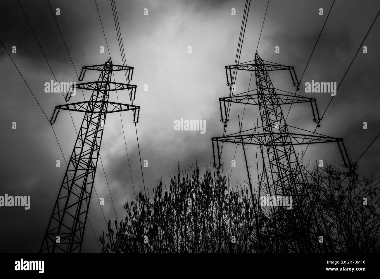 torre di linee elettriche in bianco e nero Foto Stock