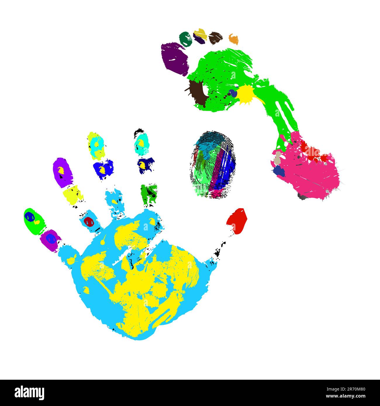 Stampa di un piede, una mano e un dito su uno sfondo bianco.vettore Illustrazione Vettoriale