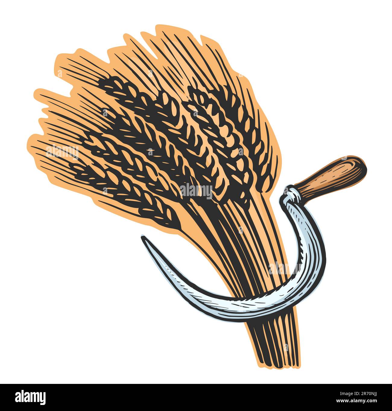 Fodera di grano e falce. Illustrazione del simbolo del pane fresco. Agricoltura, concetto di agricoltura Foto Stock