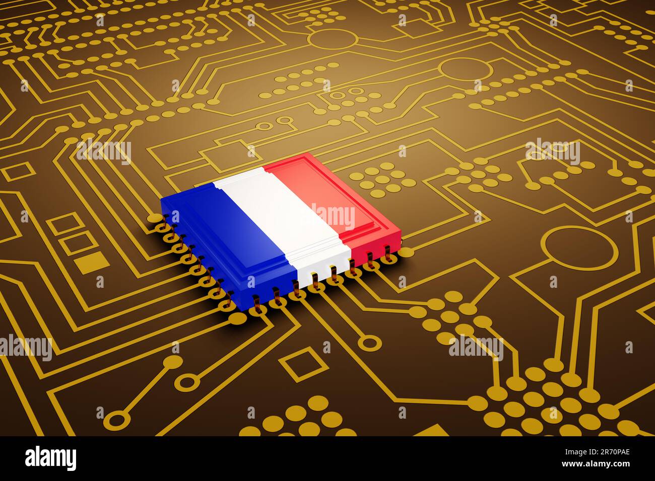 Una CPU avanzata stampata con una bandiera nazionale della Francia su una scheda a circuito stampato elettronica illuminata al neon. Immagine di microchip di alta qualità di fabbricazione francese Foto Stock