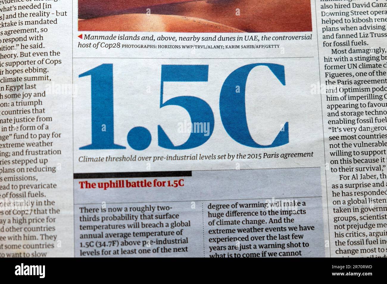 "1,5C soglia climatica sui livelli preindustriali stabilita dall'accordo di Parigi del 2015" articolo globale della rivista Guardian sulla temperatura giugno 2023 Londra UK Foto Stock