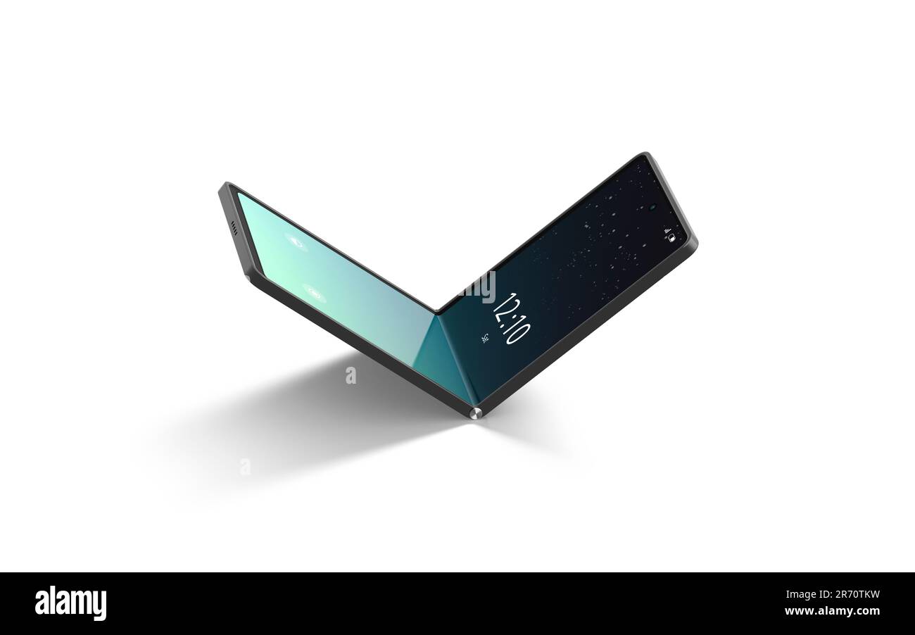 Mockup ripiegato a metà, con display del telefono a conchiglia flessibile acceso, isolato Foto Stock