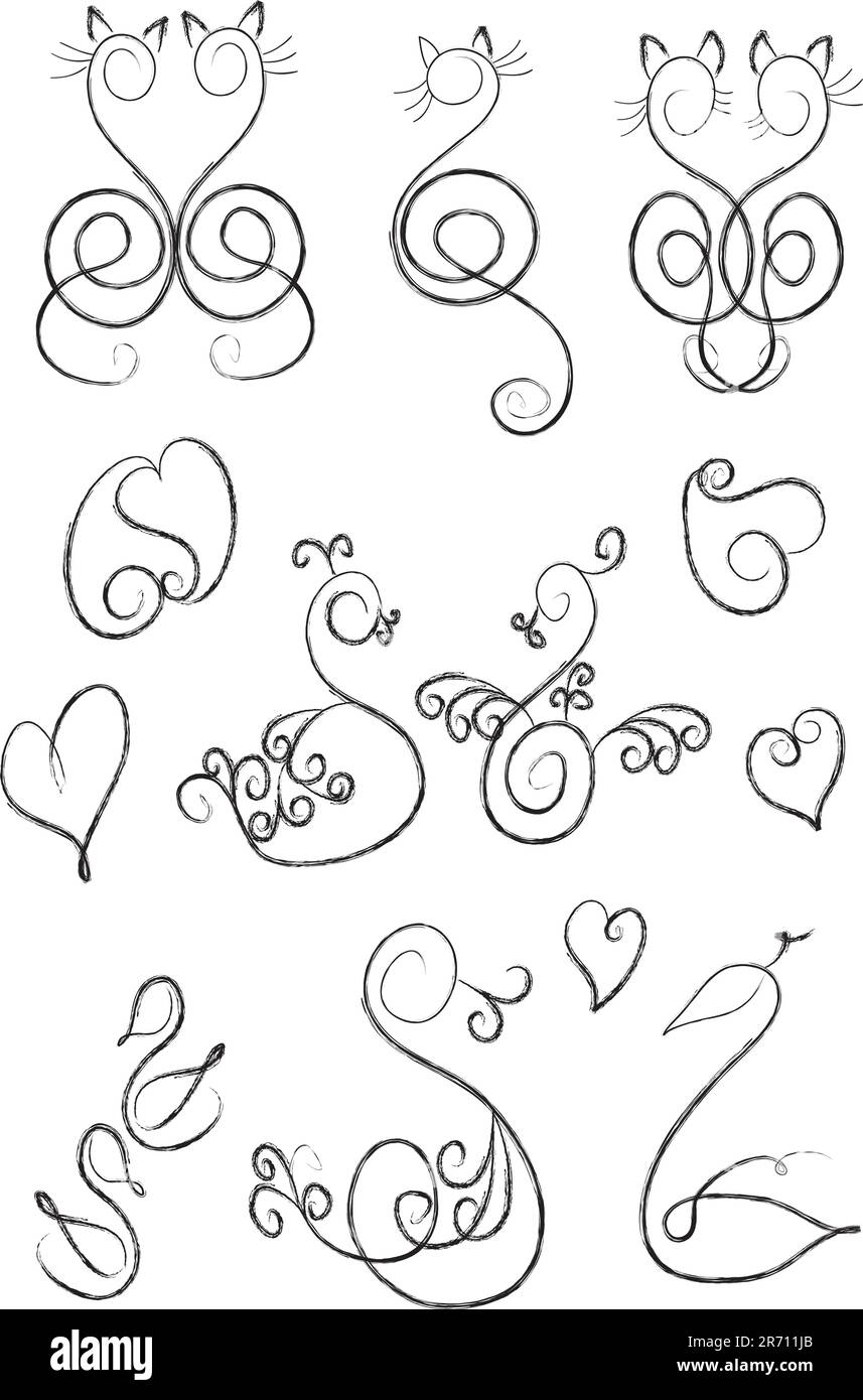 Icone: Cigni, cuori e gatti disegnati Illustrazione Vettoriale