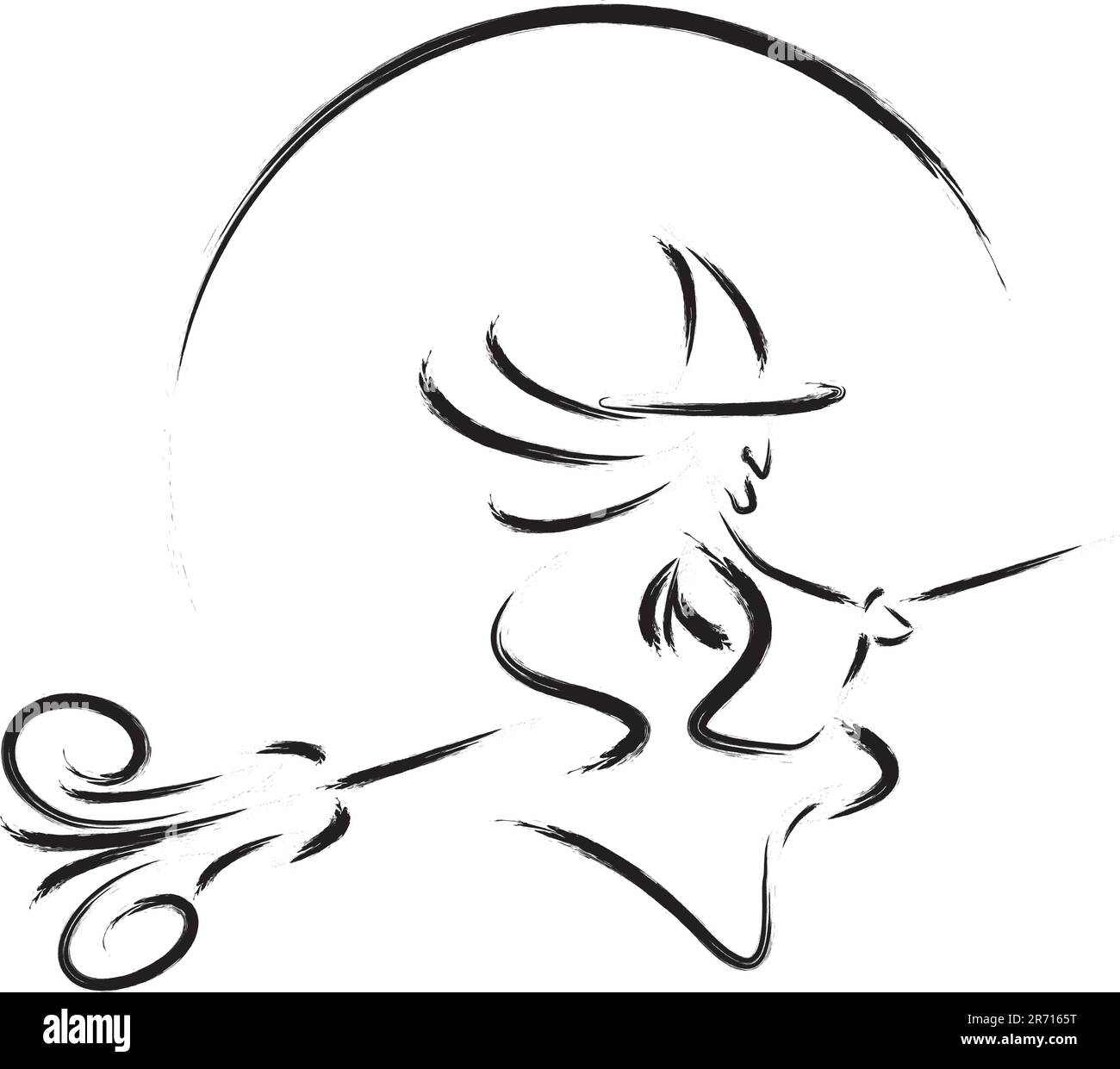 Schizzo di una strega che vola su una scopa con la luna sullo sfondo. Illustrazione Vettoriale