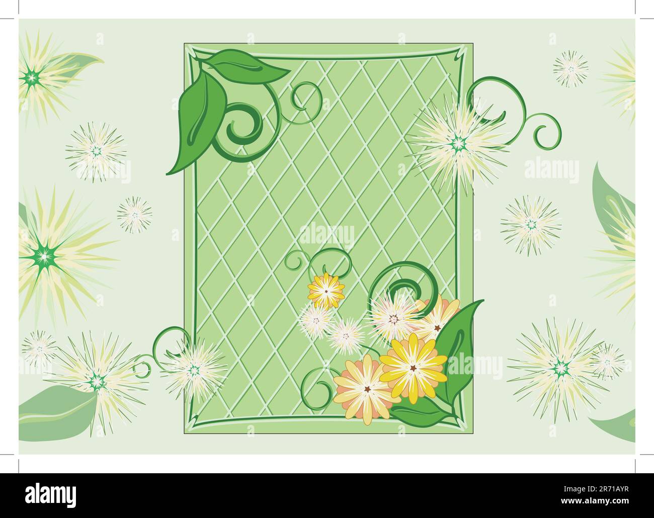 Modello prevalentemente verde con cornice, foglie e fiori. Illustrazione Vettoriale