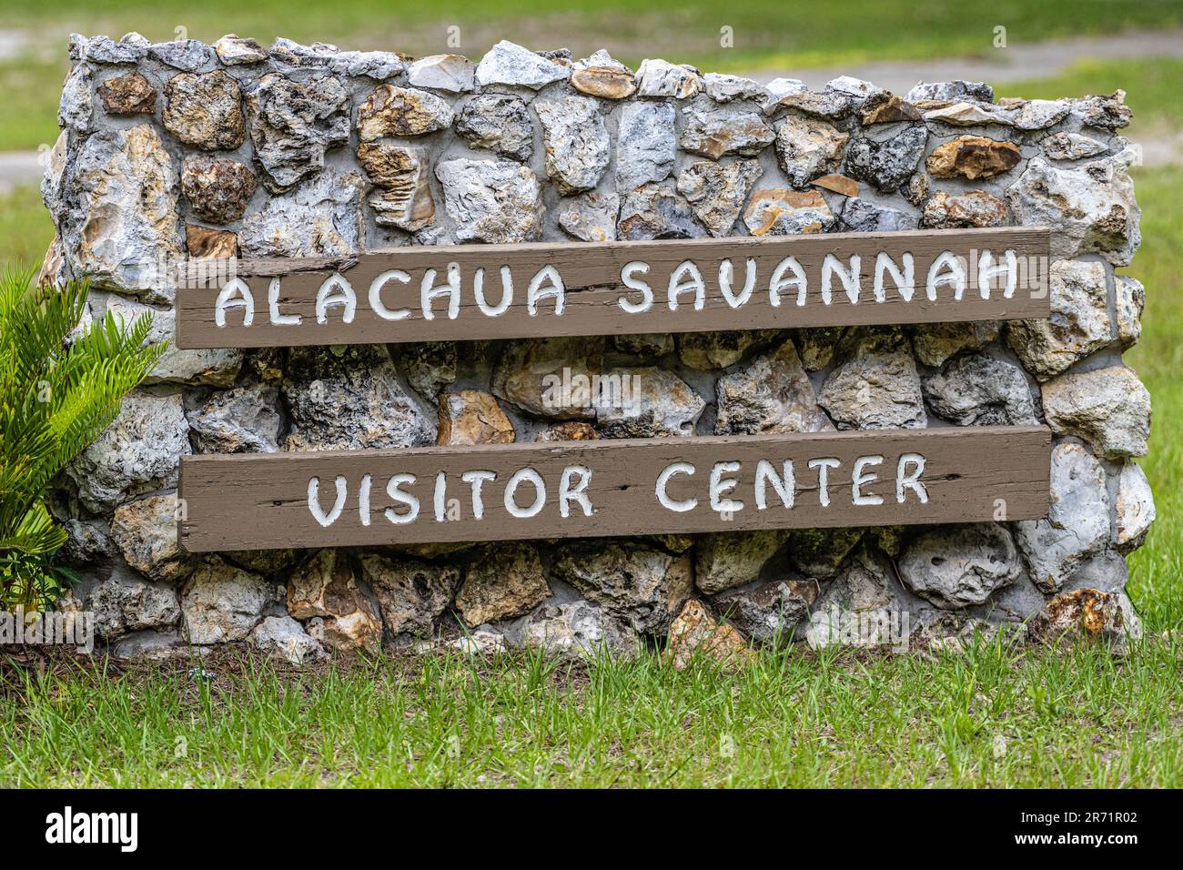 Cartello d'ingresso per l'Alachua Savannah Visitor Center presso il Paynes Prairie Preserve state Park di Micanopy, Florida. (USA) Foto Stock