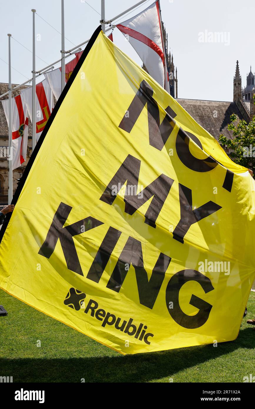 Inghilterra, Londra, Westminster, Parliament Square, i manifestanti della famiglia Anti Royal bandiera gialla. Foto Stock
