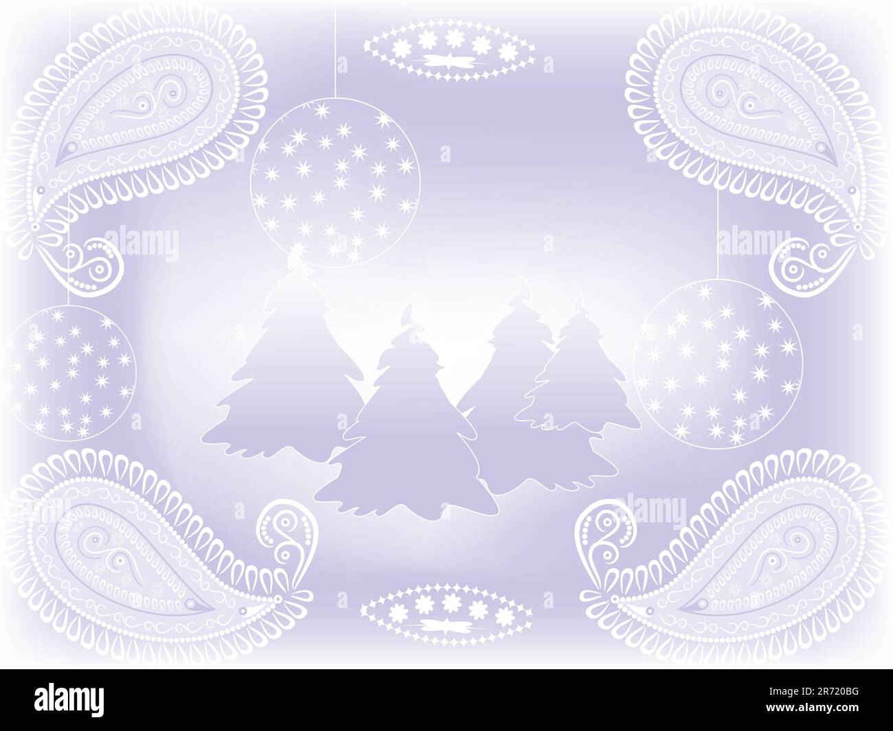 sfondo natalizio vettoriale con abeti, palle e ornamenti Illustrazione Vettoriale