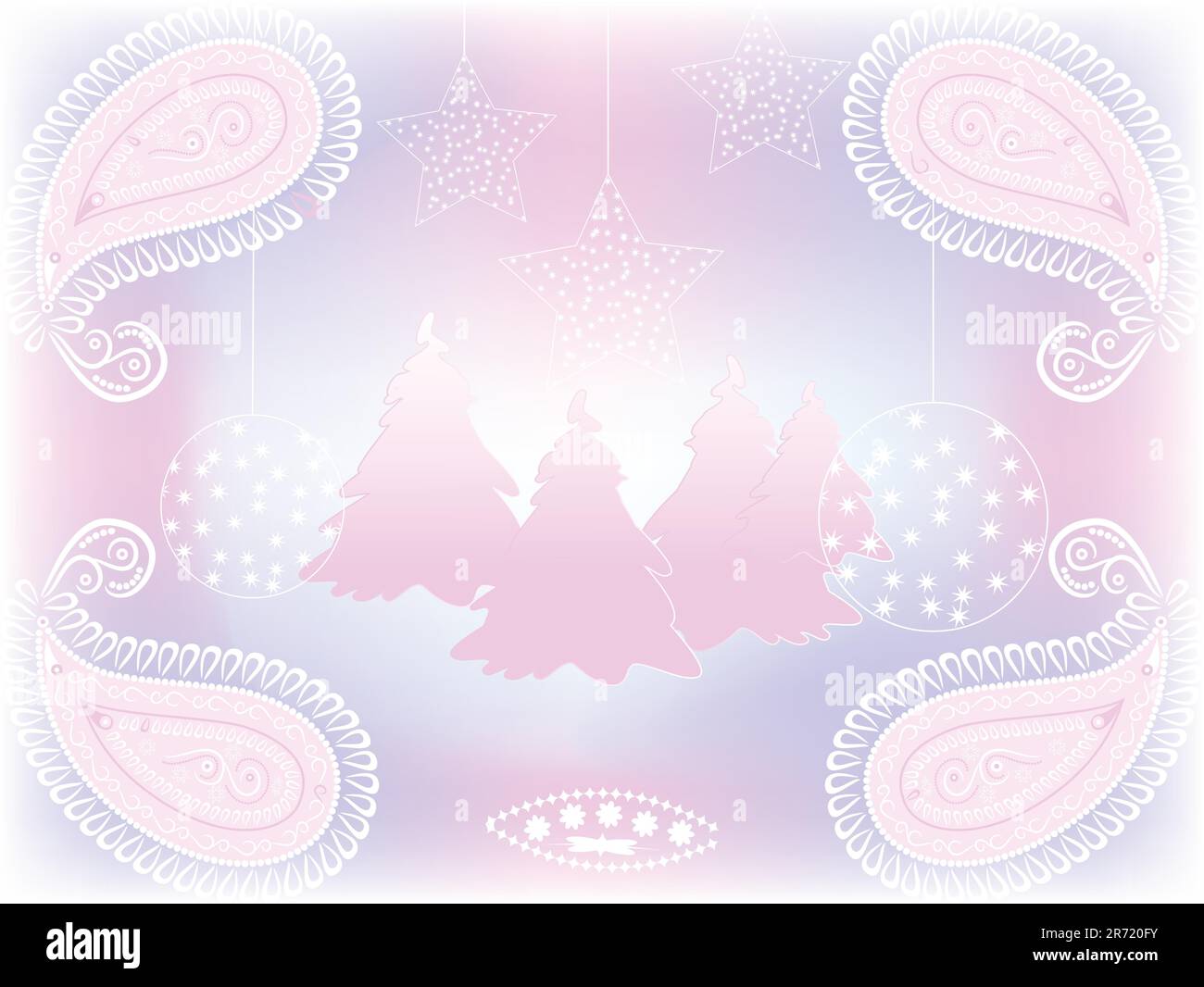 sfondo natalizio vettoriale con abeti, palle e ornamenti Illustrazione Vettoriale