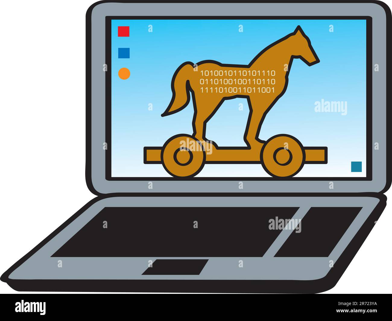 Una rappresentazione di un computer portatile infettato da un virus trojan Horse. Illustrazione Vettoriale