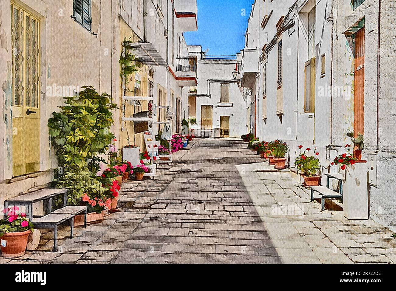 Una strada decorata con piante e colori in un piccolo paese della provincia di Lecce. Foto Stock
