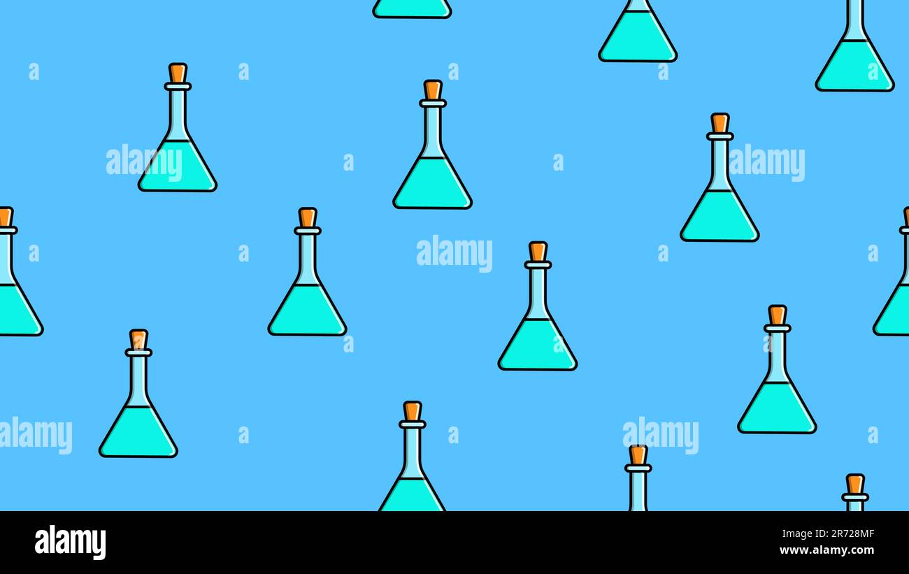 Struttura senza cuciture a ripetizione senza fine triangolare blu vetro chimico medico provette per analisi scientifiche di matracci lattine su sfondo blu. Vettore i Illustrazione Vettoriale