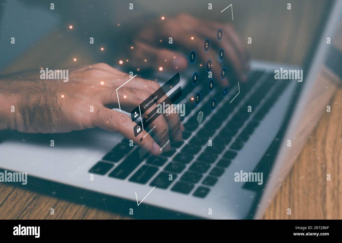concetto di protezione dei dati e di sicurezza internet, accesso protetto mediante digitazione di login e password da parte dell'utente sul computer Foto Stock