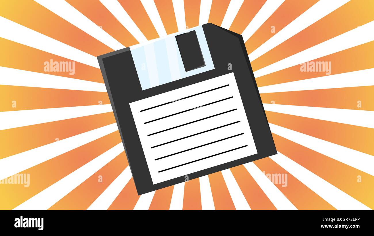 Vecchio disco floppy retrò vintage per computer per memorizzare le informazioni, pc da 70s, 80s, 90s sullo sfondo dei raggi arancioni del sole. V Illustrazione Vettoriale