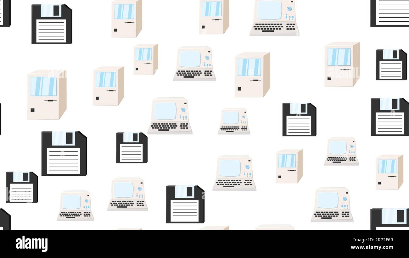 Computer senza interruzioni con vecchi computer retrò, pc e floppy disk hipster bianchi vintage da 70s, 80s, 90s isolati su sfondo bianco. Illustrazione Vettoriale