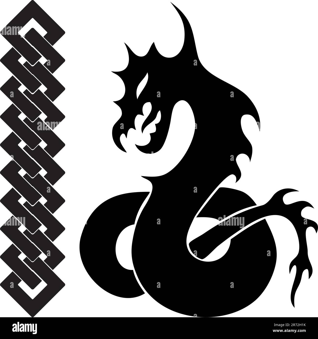 Silhouette di drago e la catena. Nero tatuaggio gotico Illustrazione Vettoriale