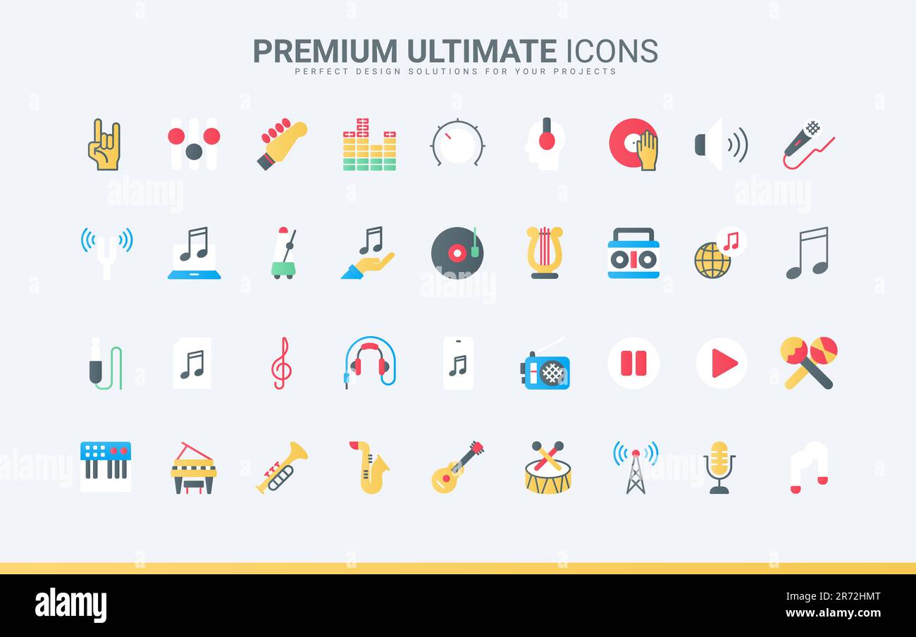 Strumenti acustici, note e simboli della tecnologia digitale musicale, pulsanti del menu di interfaccia e pittogramma di controllo del volume, microfono e cuffie. Le icone piatte alla moda della musica impostano l'illustrazione vettoriale Illustrazione Vettoriale