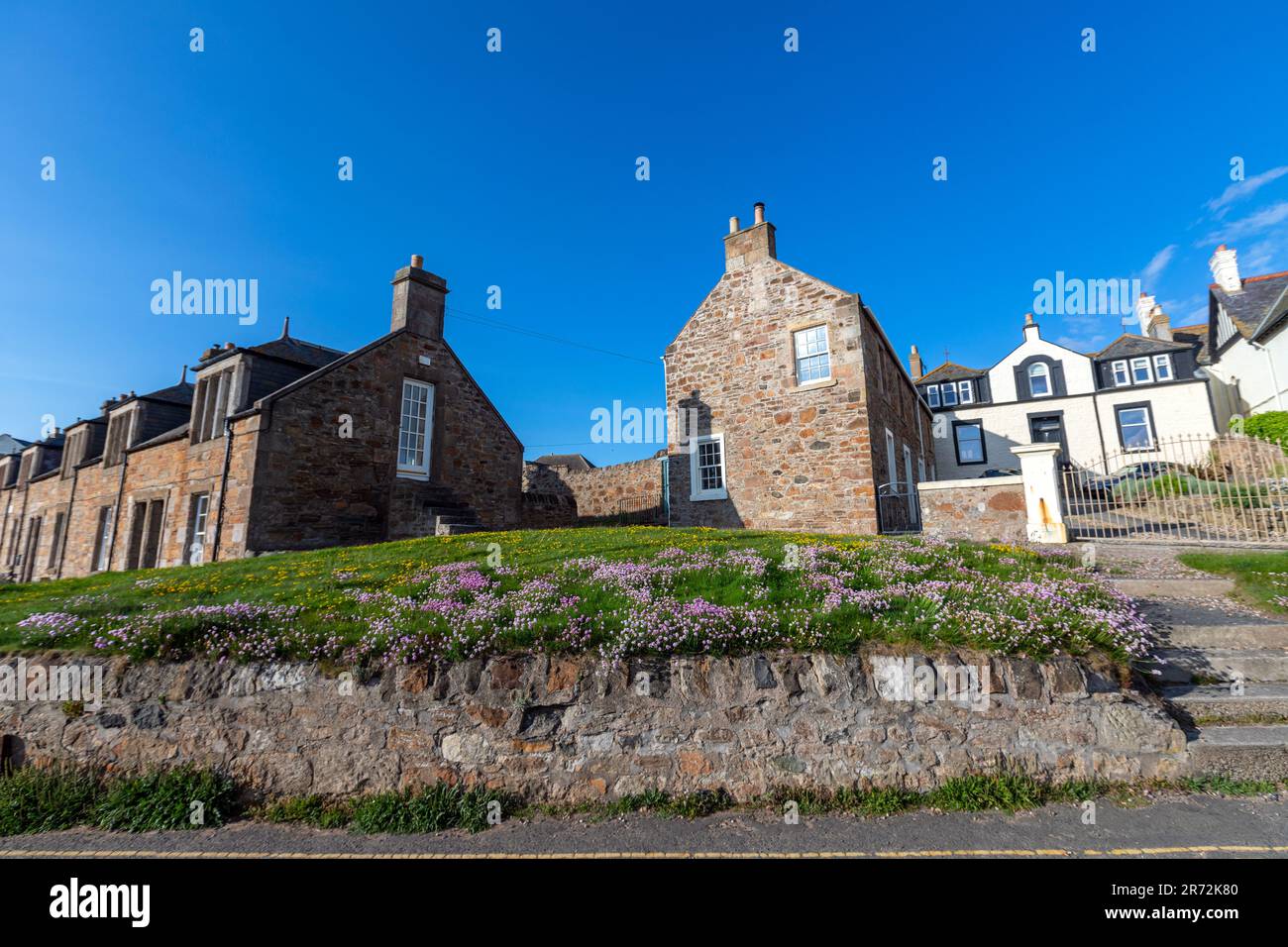 Case in pietra con prati in fiore in Toft Street, Elie and Earlsferry, Fife, Scozia, Regno Unito Foto Stock