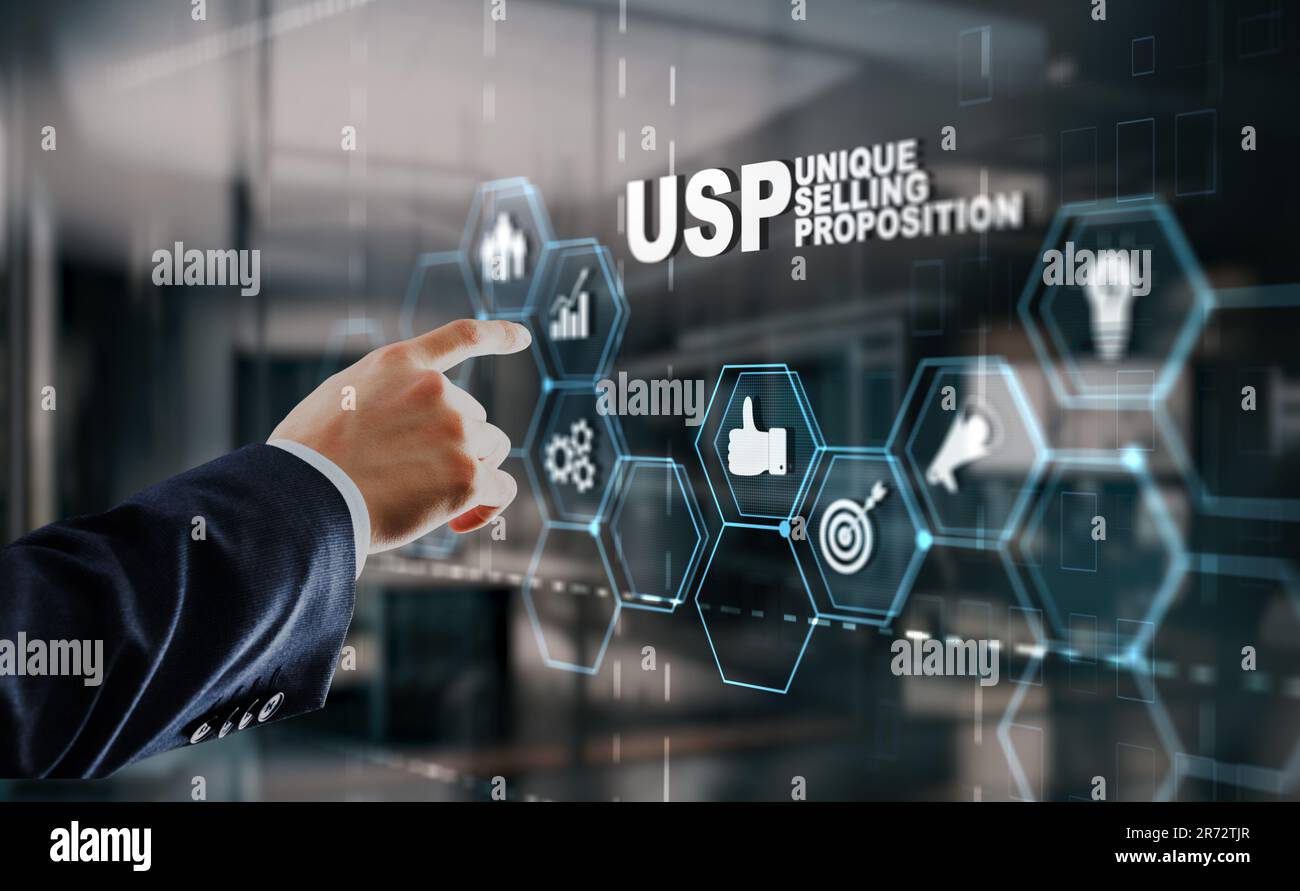 USP. Iscrizione proposta di vendita unica su Virtual Screen. Concetto di marketing e tecnologia Foto Stock