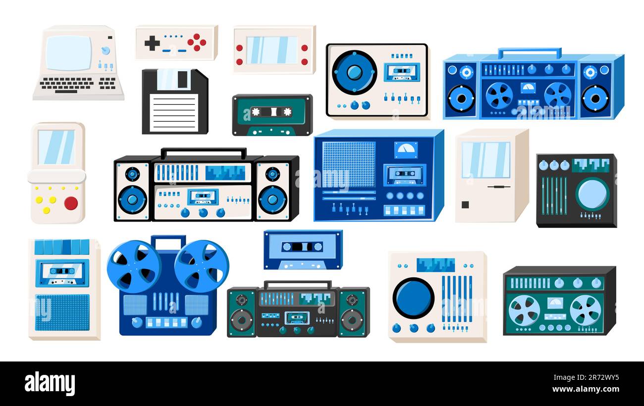 Set di vecchia elettronica tecnica isometrica retrò vintage: Registratore a cassette audio, computer, console di gioco per videogiochi degli anni '70s, '80s, '90s. Vect Illustrazione Vettoriale