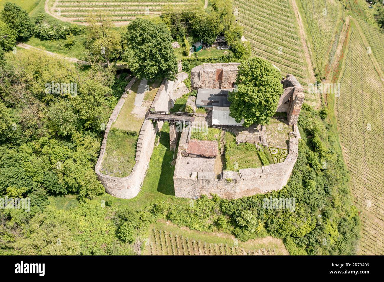 Rovina del castello Lichteneck, vicino al villaggio di Hecklingen, vista aerea, Breisgau, Germania Foto Stock
