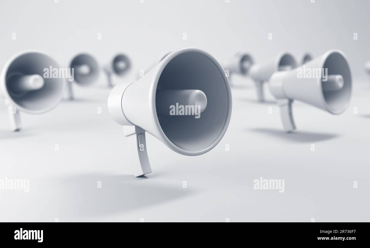 Più megafoni in griglia su sfondo bianco. Illustrazione 3D. Foto Stock