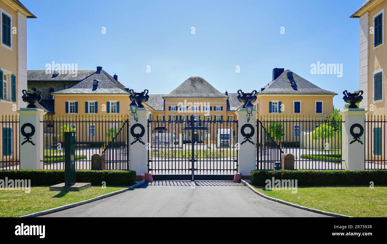 Porte d'ingresso che conducono ai terreni immacolati della tenuta e dell'azienda vinicola Schloss Johannesberg nella regione di Rheingau, Rudesheim, Germania. Foto Stock