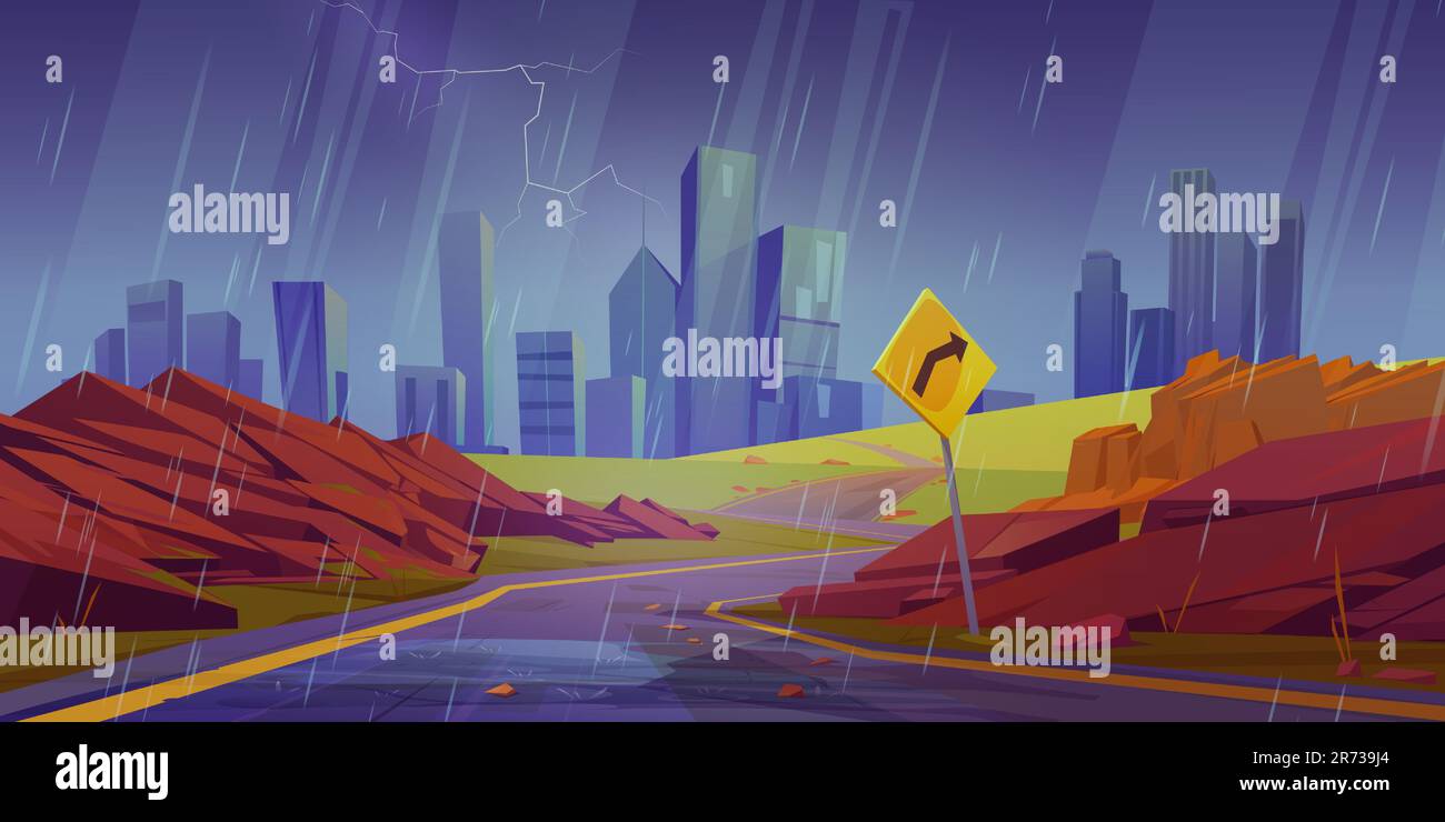 Paesaggio estivo della città con strada curva e cartoni animati di roccia rossa sfondo vettoriale. Autostrada occidentale con percorso per metropoli. Vuoto panorama urbano piovoso con indicazione di svolta in direzione del paesaggio urbano americano Illustrazione Vettoriale