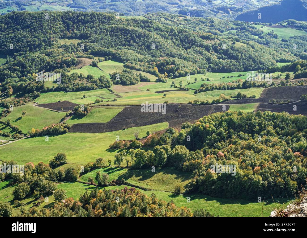 I terreni coltivati prevalentemente con foraggio nella zona di produzione del Parmigiano Reggiano. Castelnovo ne' Monti, Reggio Emilia, Emilia-Romagna, Italia. Foto Stock