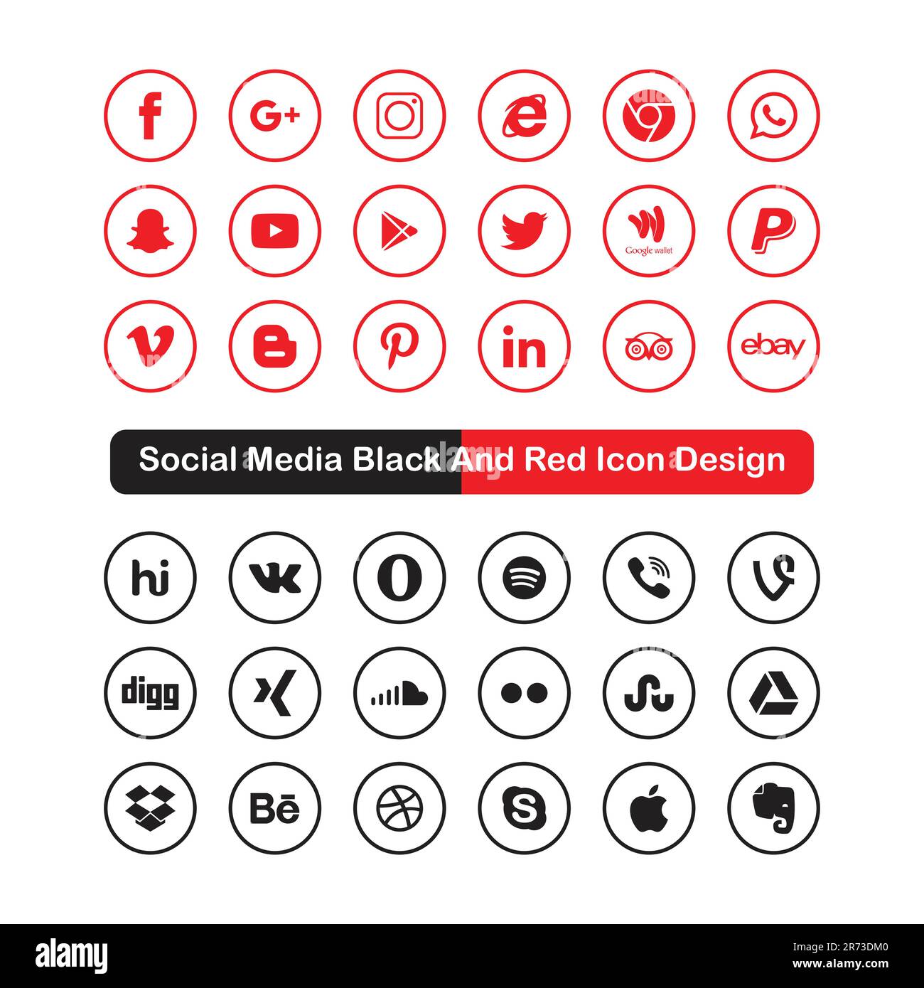 design icona nero e rosso per i social media Illustrazione Vettoriale