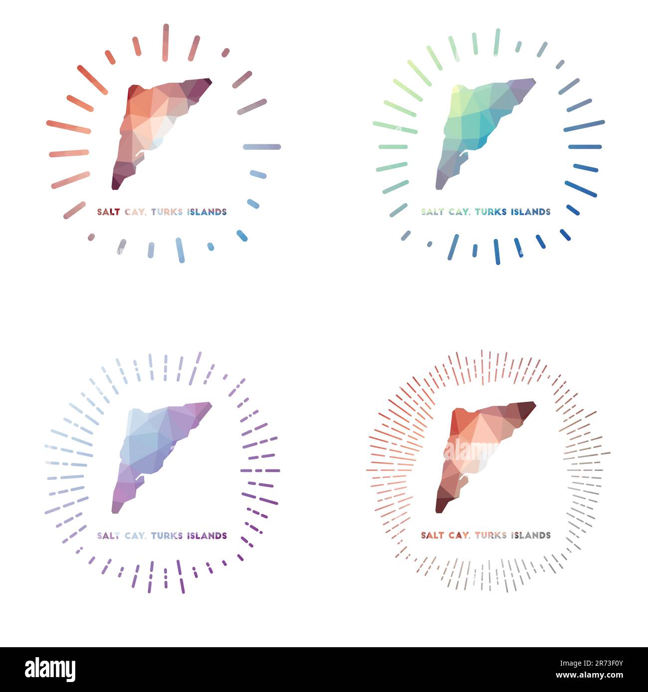 Salt Cay, Isole Turks basso Poly sunburst set. Logo dell'isola in stile poligonale geometrico. Illustrazione vettoriale. Illustrazione Vettoriale