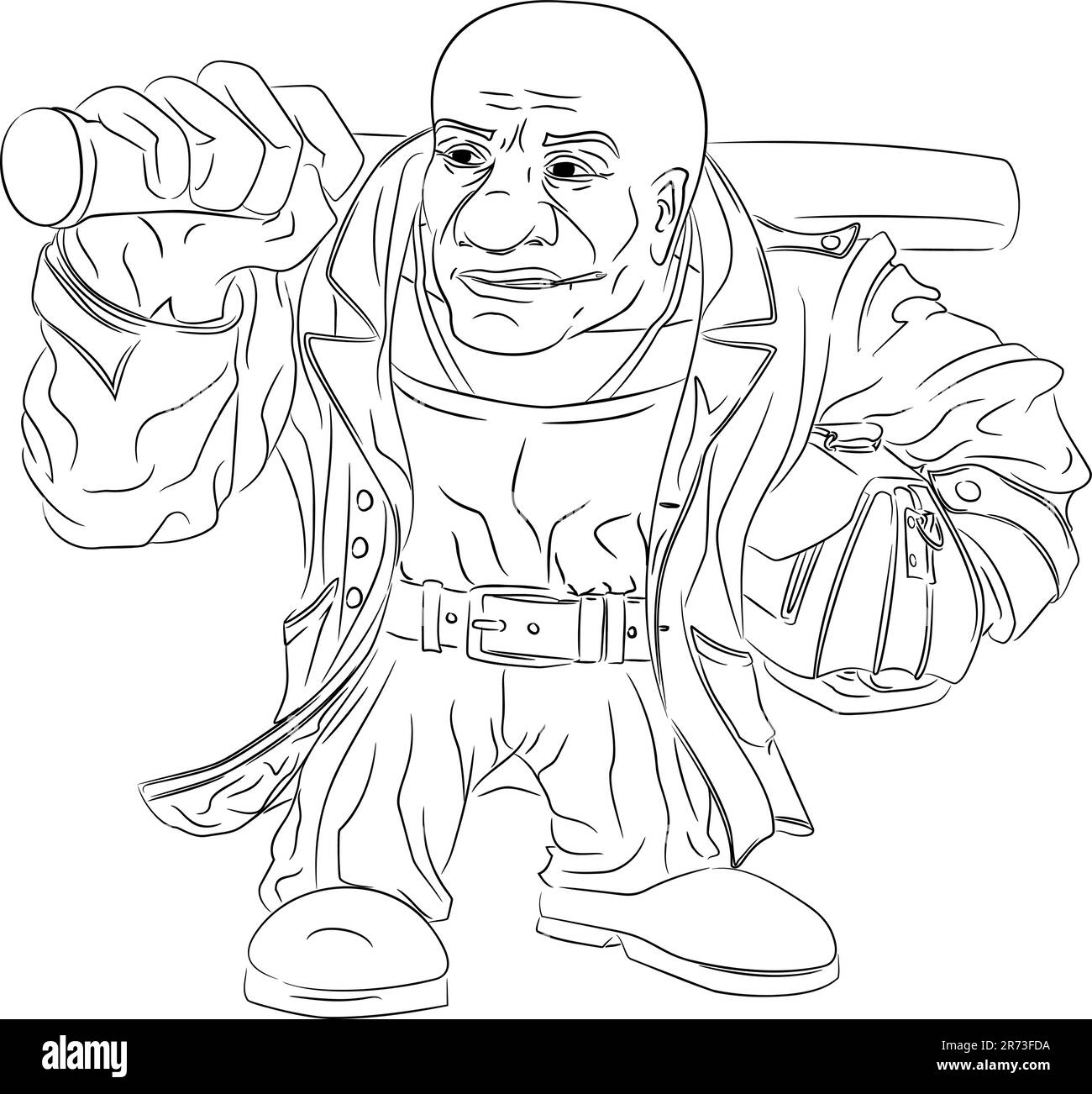 Illustrazione della linea di bald bouncer in camice di pelle con pipistrello. Illustrazione vettoriale di un racketeer con punta e borsetta da uomo in pelle Illustrazione Vettoriale