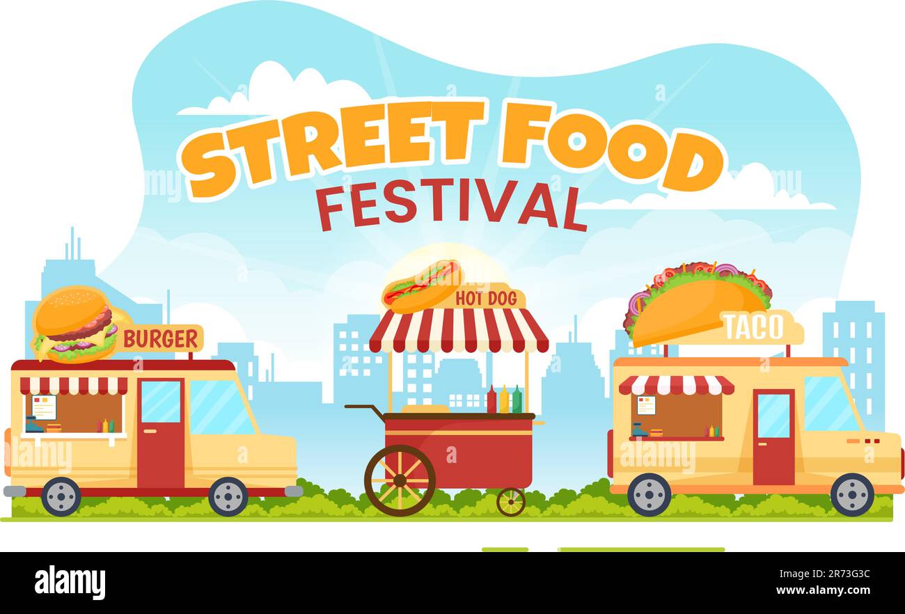 Street Food Festival Vector Illustration con persone e Foods Trucks in Estate Outdoor City Park in Flat Cartoon modelli disegnati a mano Illustrazione Vettoriale