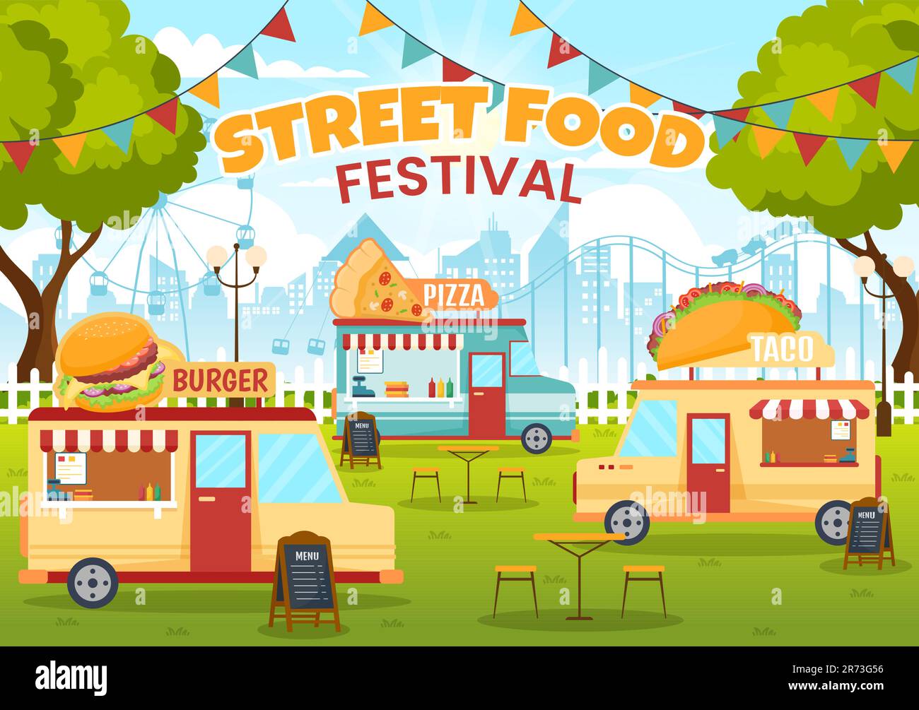 Street Food Festival Vector Illustration con persone e Foods Trucks in Estate Outdoor City Park in Flat Cartoon modelli disegnati a mano Illustrazione Vettoriale