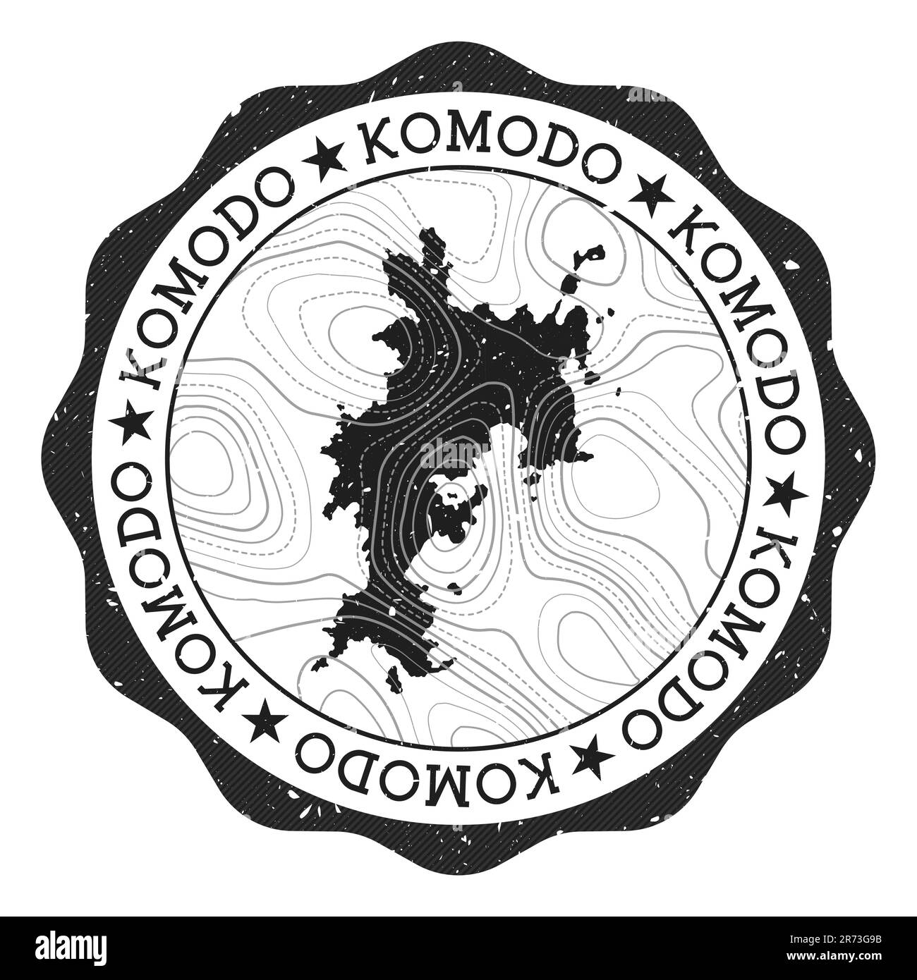 Francobollo esterno Komodo. Adesivo rotondo con mappa dell'isola con isoline topografiche. Illustrazione vettoriale. Illustrazione Vettoriale