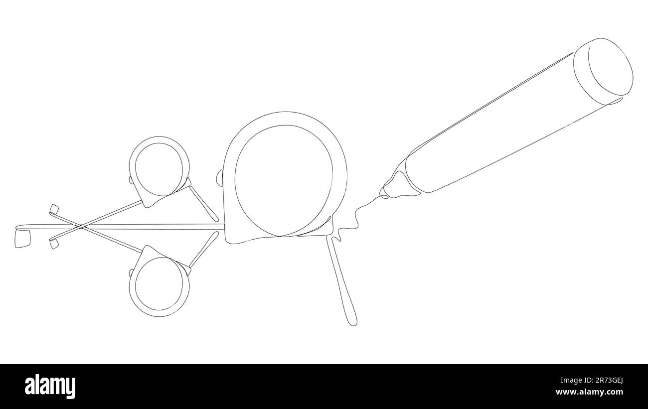 Una linea continua di nastro Righello disegnato da con pennarello. Concetto vettoriale dell'illustrazione a linea sottile dello strumento di misurazione. Disegno di contorno creativo Illustrazione Vettoriale