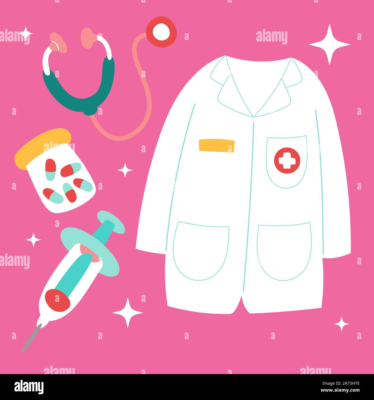 Carino set di adesivi medici. Mano disegnata cartoon sanitario doodle stetoscopio iniezione capsula uniforme. Pacchetto di stampa grafica per bambini della scuola materna per ospedale Illustrazione Vettoriale