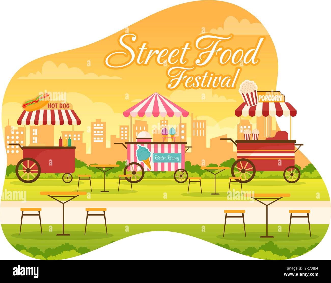 Street Food Festival Vector Illustration con persone e Foods Trucks in Estate Outdoor City Park in Flat Cartoon modelli disegnati a mano Illustrazione Vettoriale