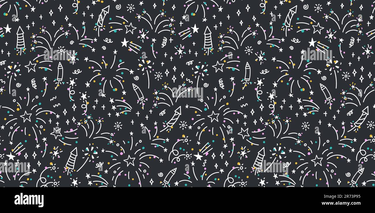 Divertimento disegnati a mano doodle fuochi d'artificio, seamless pattern, grande per i prodotti tessili, confezionamento, banner, wallpapers - disegno vettoriale Illustrazione Vettoriale
