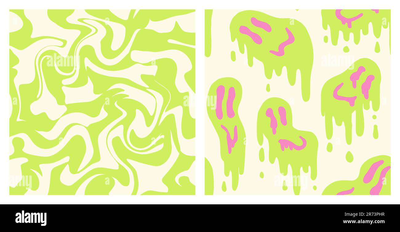 1970 pacchetto con motivo a spirale e sorriso fluido nei colori verde chiaro e rosa. Stile anni Settanta, Trippy Psychedelic Print, Wallpaper. Design piatto, Hippie estetica. Illustrazione vettoriale disegnata a mano. Illustrazione Vettoriale