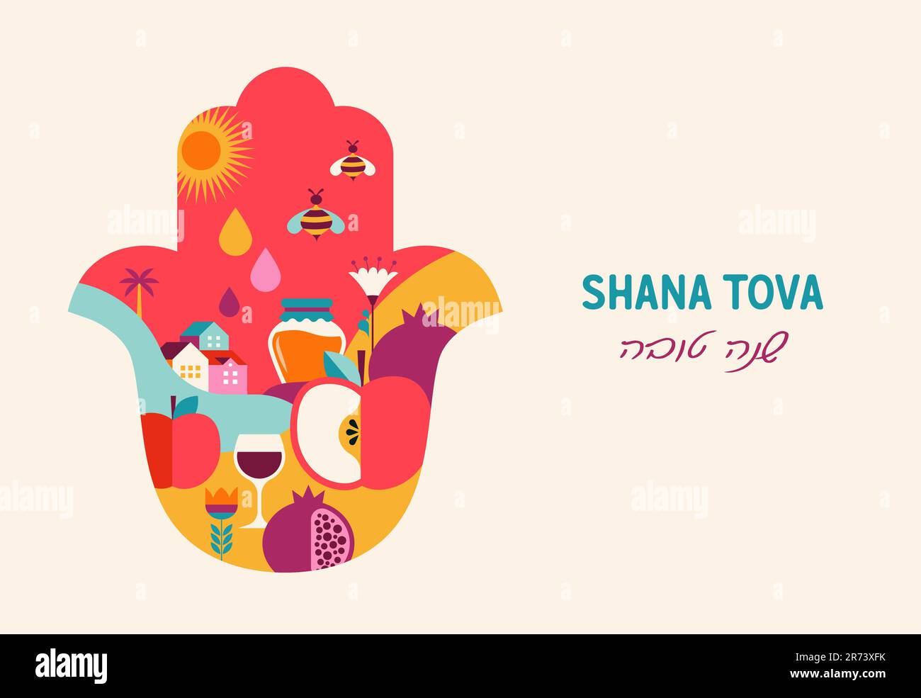 HAMSA con simboli Rosh Hashanah all'interno. Shana Tova, Traduci dall'ebraico - Felice anno nuovo, concept design Illustrazione Vettoriale