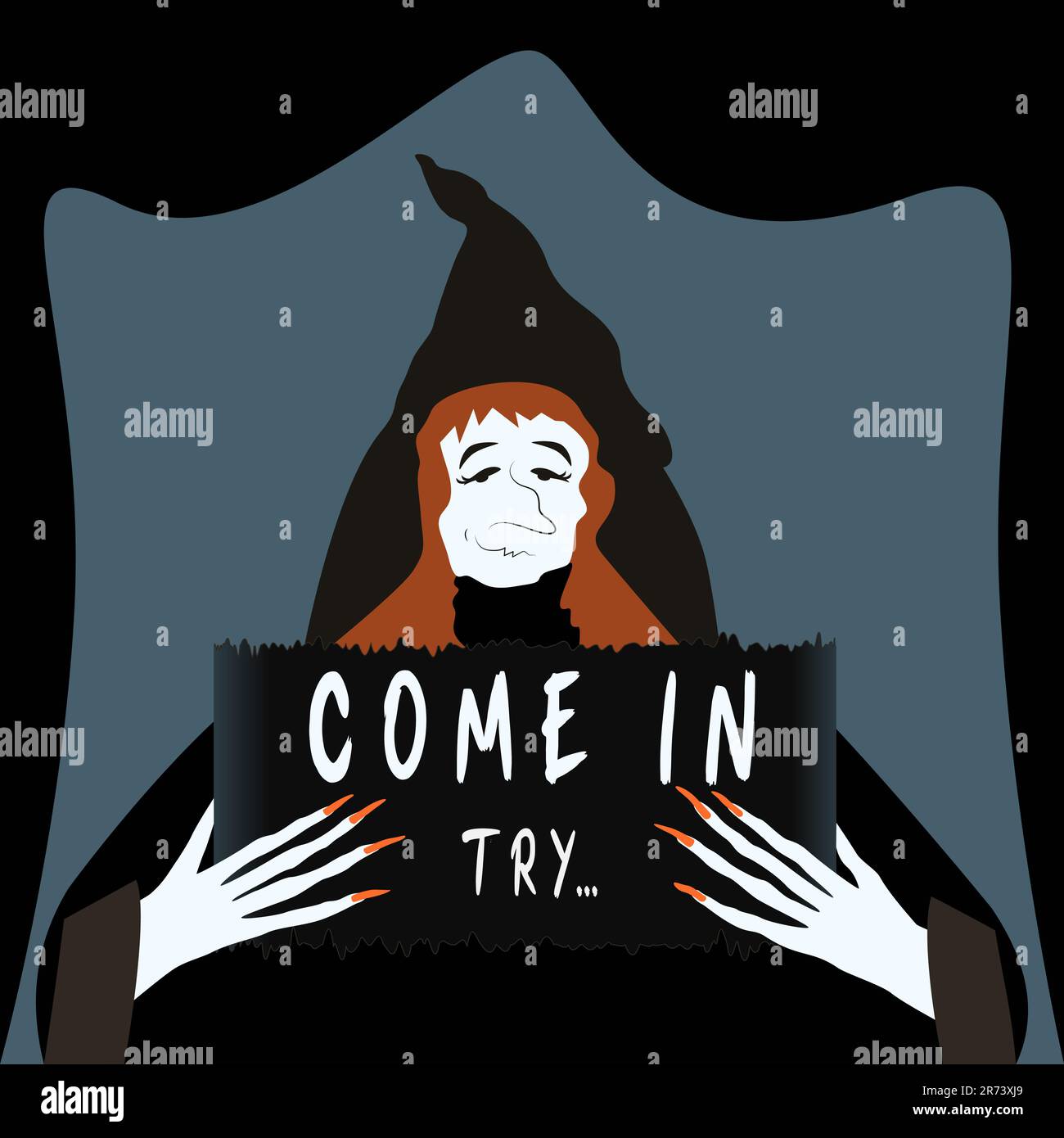 Haunted House invito banner. Cartello con la strega. Halloween partito design. Illustrazione vettoriale spazio di copia Illustrazione Vettoriale