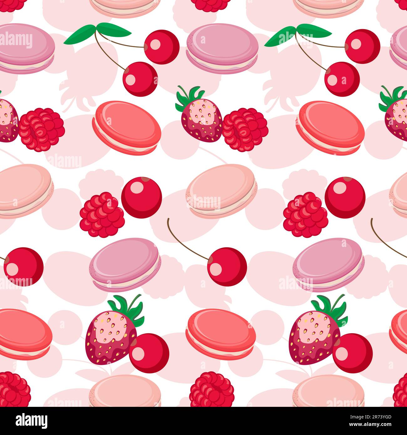 Motivo vettoriale senza cuciture con biscotti macaroon colorati, snack, biscotti e frutta Illustrazione Vettoriale