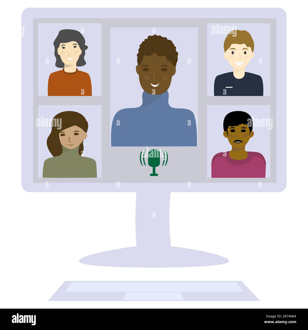 Videoconferenza aziendale o didattica. Classe on-line di persone multietniche. Concetto di lavoro e di studio a casa. Vista frontale. Illustrazione del vettore isolata Illustrazione Vettoriale
