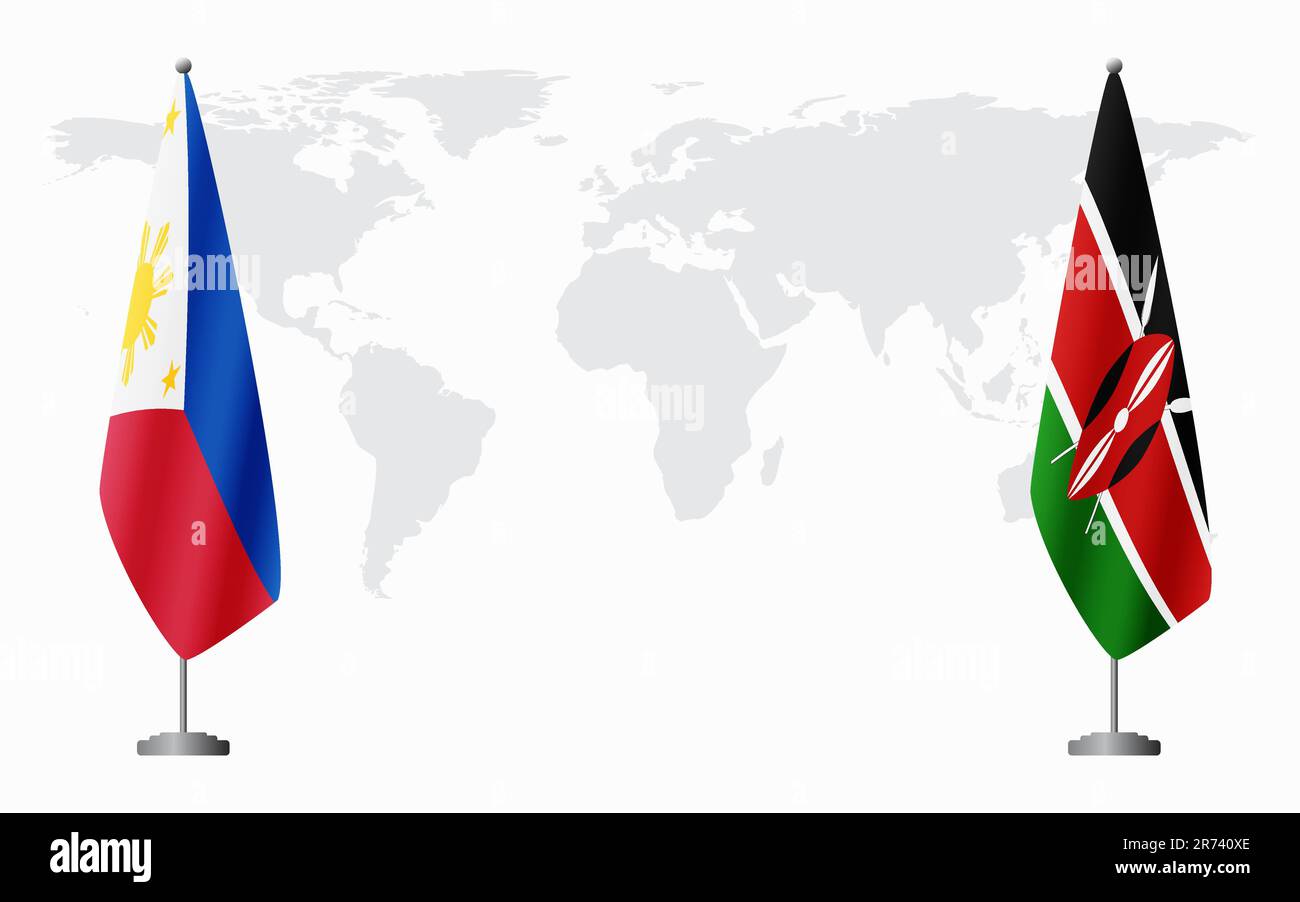 Filippine e Kenya bandiere per l'incontro ufficiale sullo sfondo della mappa mondiale. Illustrazione Vettoriale