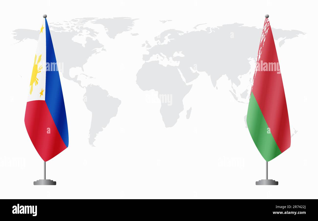 Bandiere delle Filippine e della Bielorussia per un incontro ufficiale sullo sfondo della mappa mondiale. Illustrazione Vettoriale