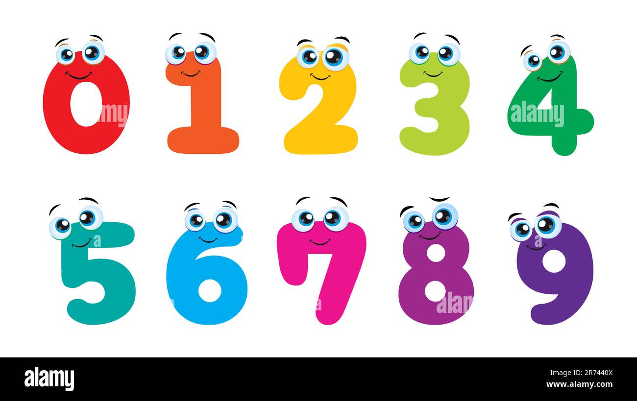 Set di numeri colorati simpatici cartoni animati per bambini. Illustrazione vettoriale isolata su sfondo bianco. Colorati divertenti numeri di cartoni animati vettoriali da 0-9 br Illustrazione Vettoriale