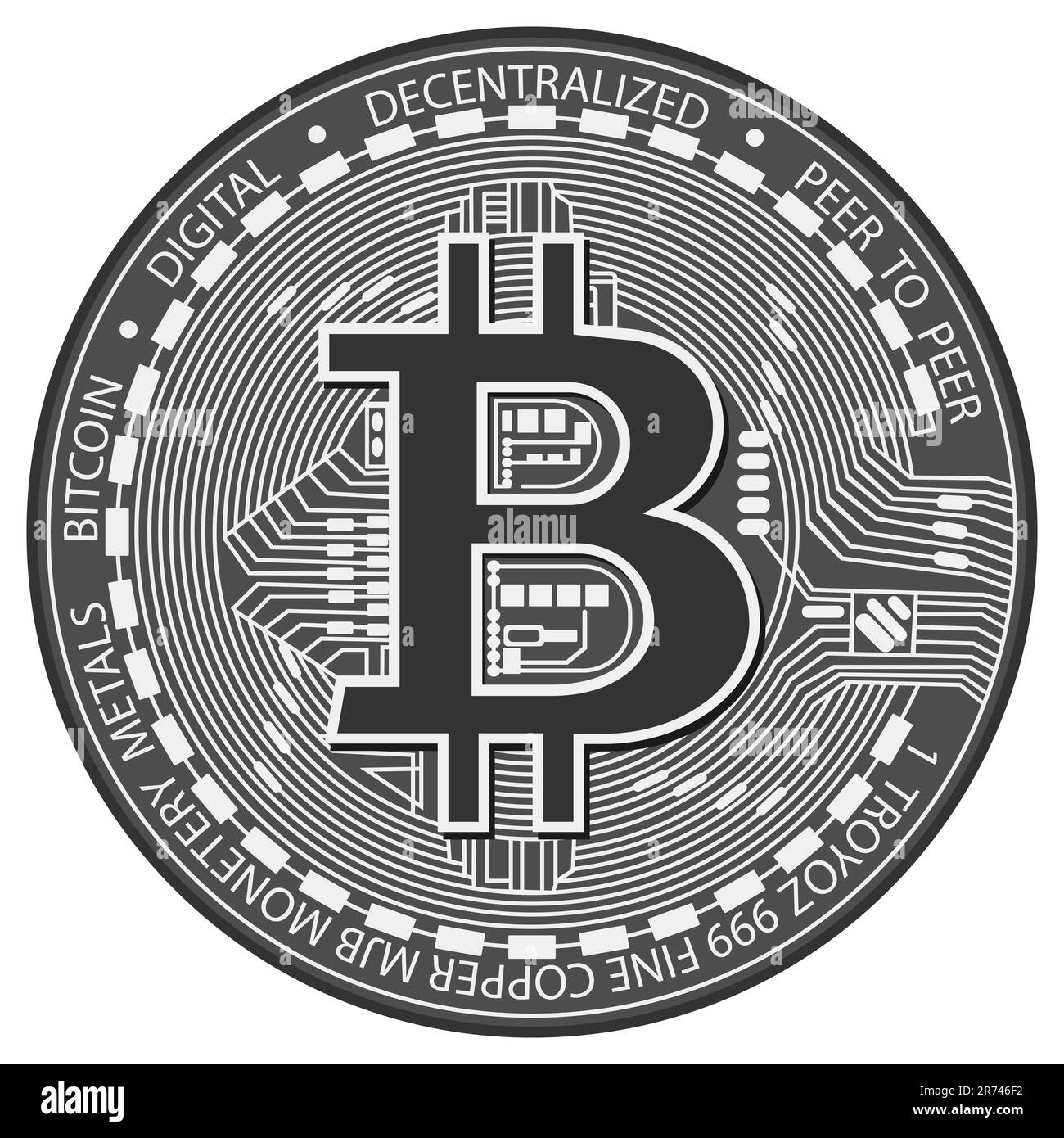 Simbolo del denaro per la finanza elettronica. Bitcoin argento. Moneta di criptovaluta in argento. Illustrazione del vettore isolato piatto su sfondo bianco Illustrazione Vettoriale