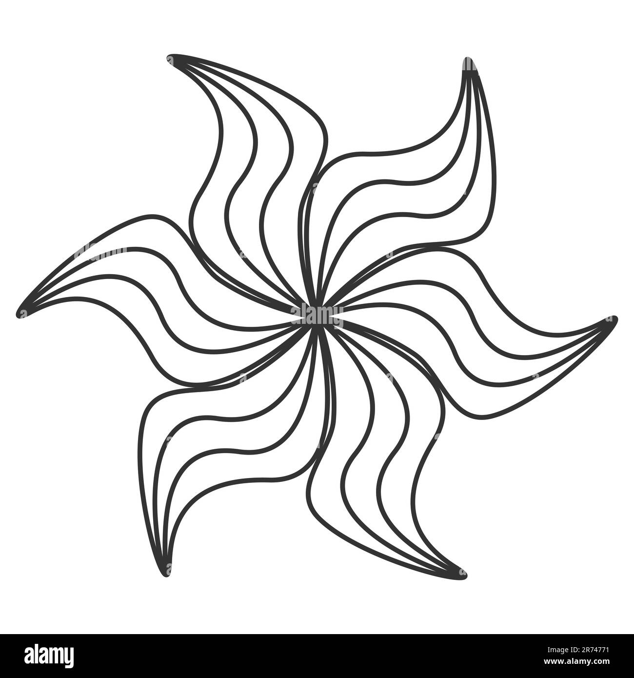 Contorno doodle fiore come sole e fuoco motivo astratto decorativo semplice elemento linea Black contorno vettore illustrazione isolato su sfondo bianco Illustrazione Vettoriale