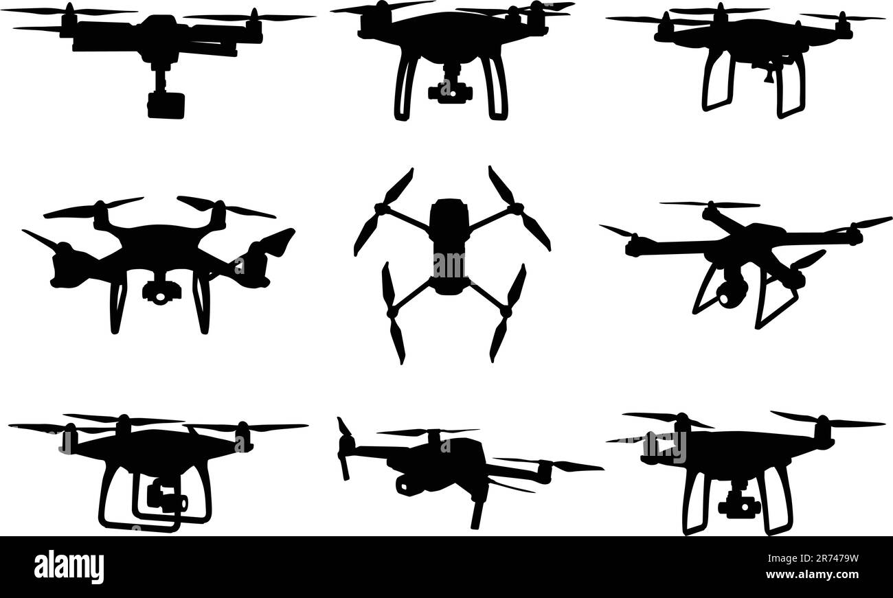 Set vettore drone silhouette nero Illustrazione Vettoriale